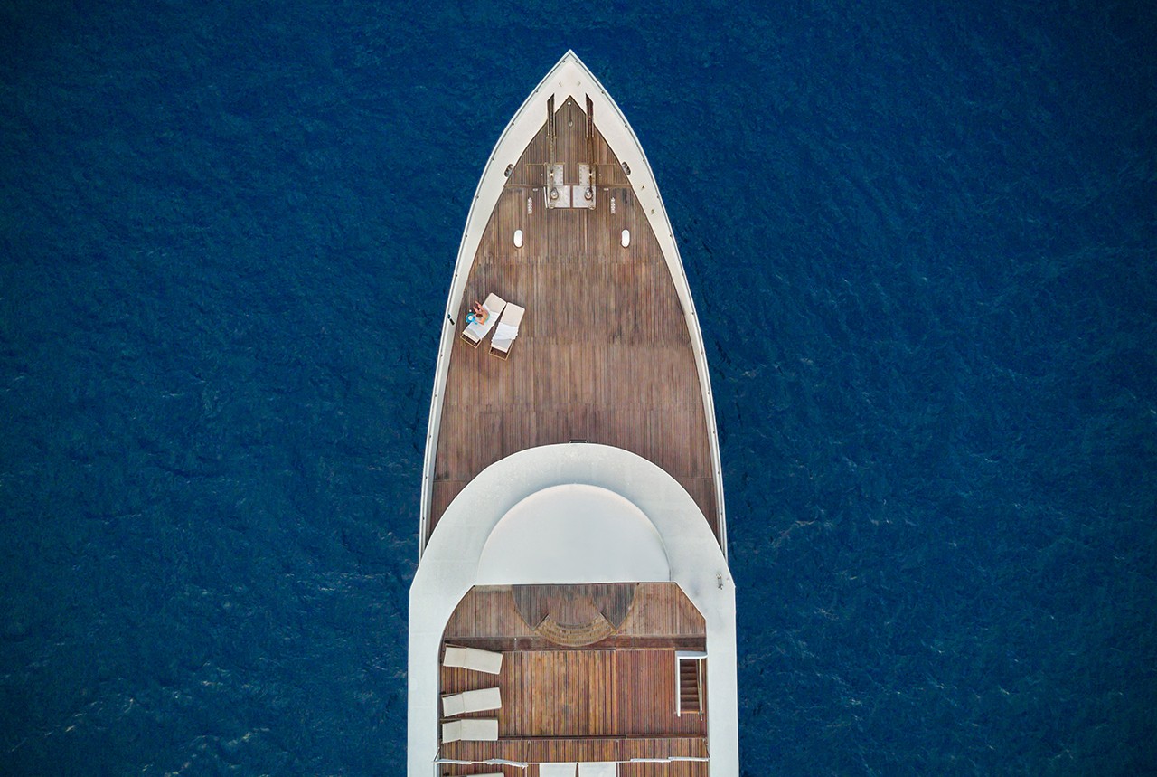 Looking down on the bow of a luxury yacht